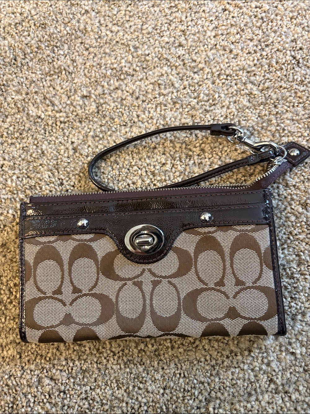 Coach Signature Canvas and Patent Leather Wristlet - Brown